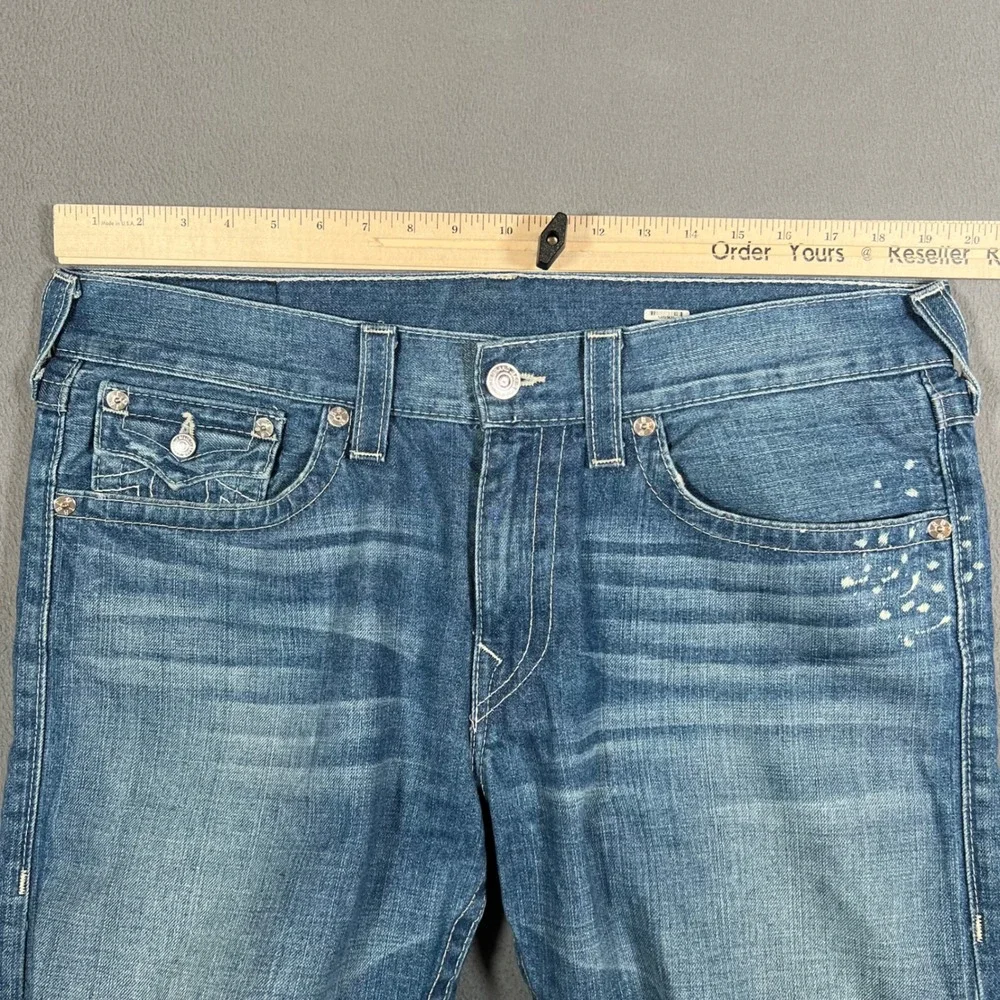 True Religion Jeans Mens Size 36 Straight Leg Denim Blue Made in USA Flap Pocket